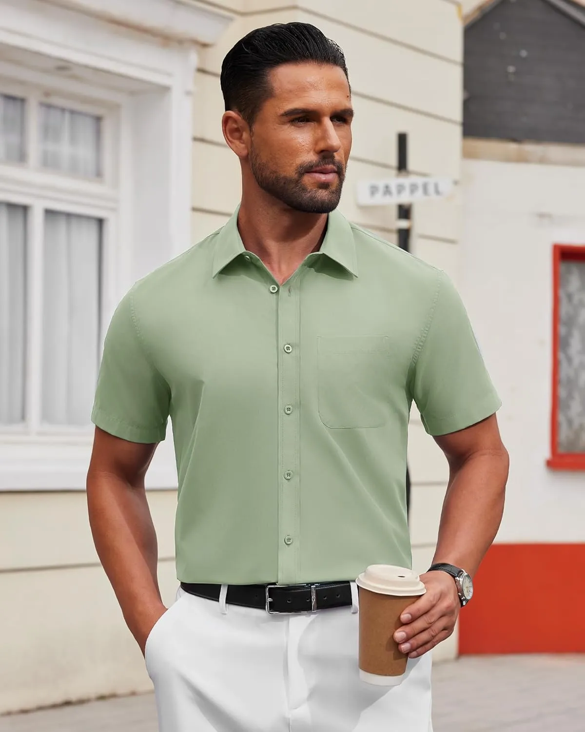Alimens & Gentle Mens Short Sleeve Dress Shirt Wrinkle Free Solid Casual Button Down Shirts for Summer Business Wedding