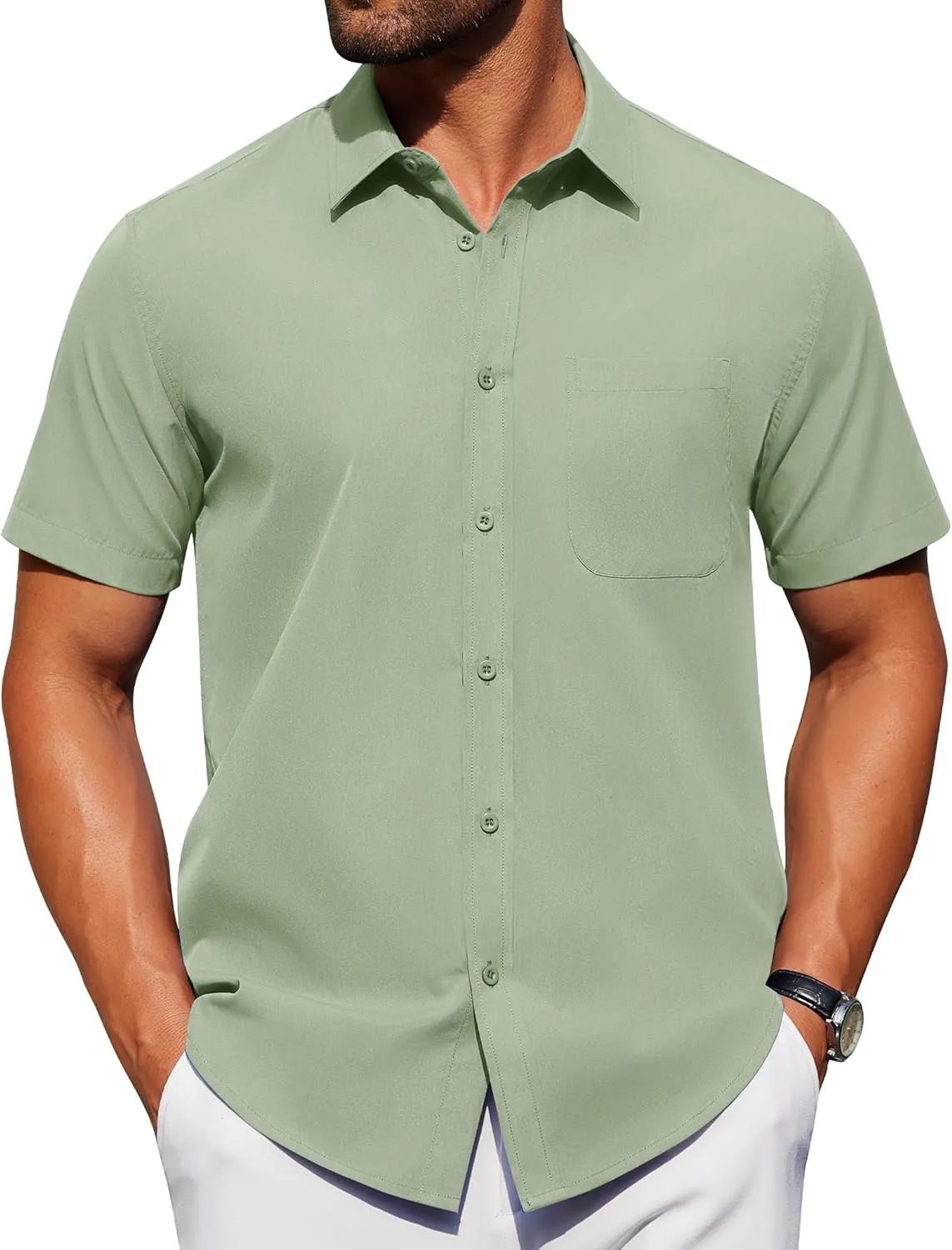 Alimens & Gentle Mens Short Sleeve Dress Shirt Wrinkle Free Solid Casual Button Down Shirts for Summer Business Wedding
