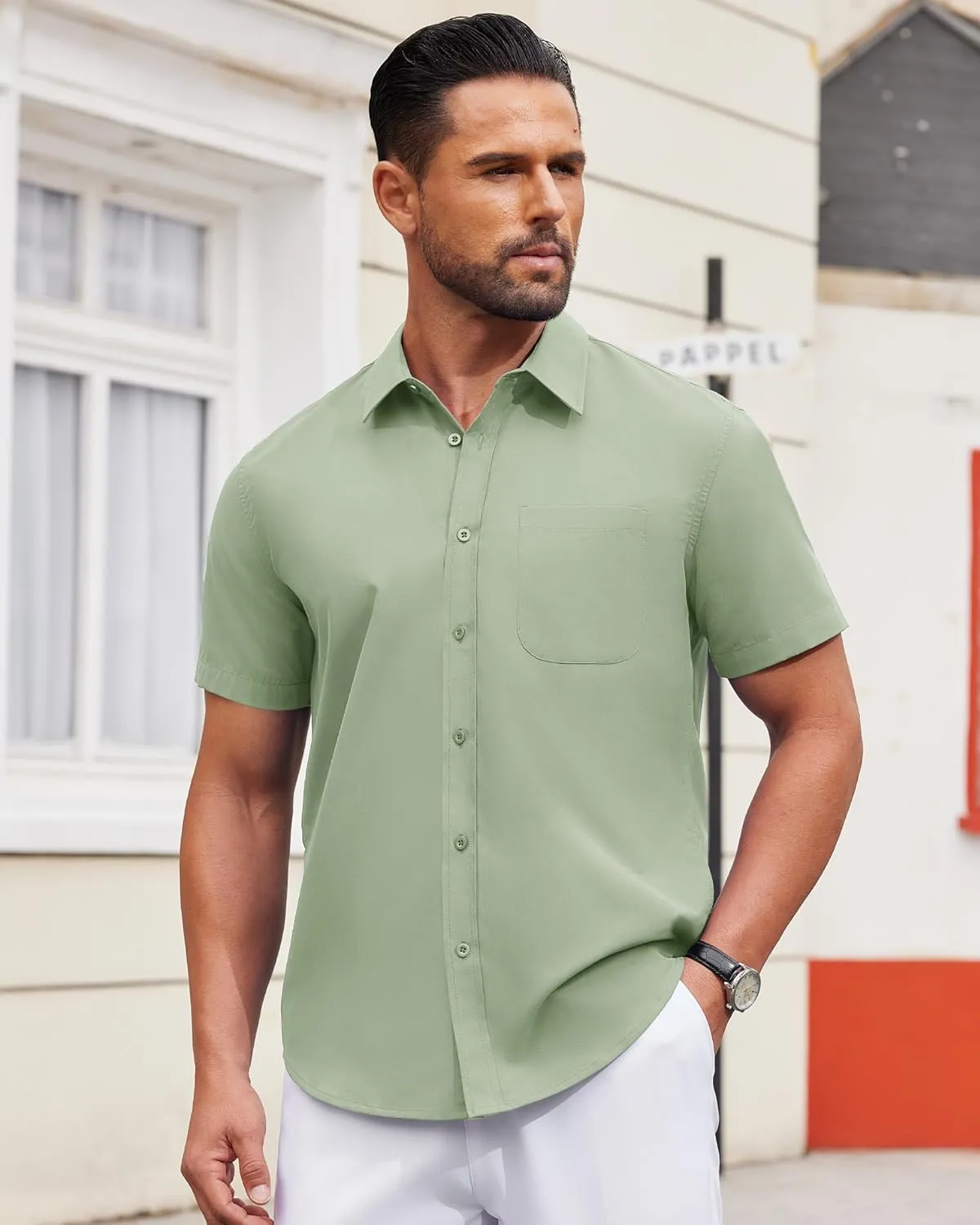 Alimens & Gentle Mens Short Sleeve Dress Shirt Wrinkle Free Solid Casual Button Down Shirts for Summer Business Wedding