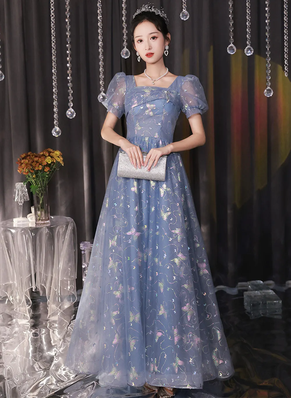 Beautiful A-line Tulle Short Sleeves Formal Dress, Lovely Tulle Long Formal Dress Prom Dress