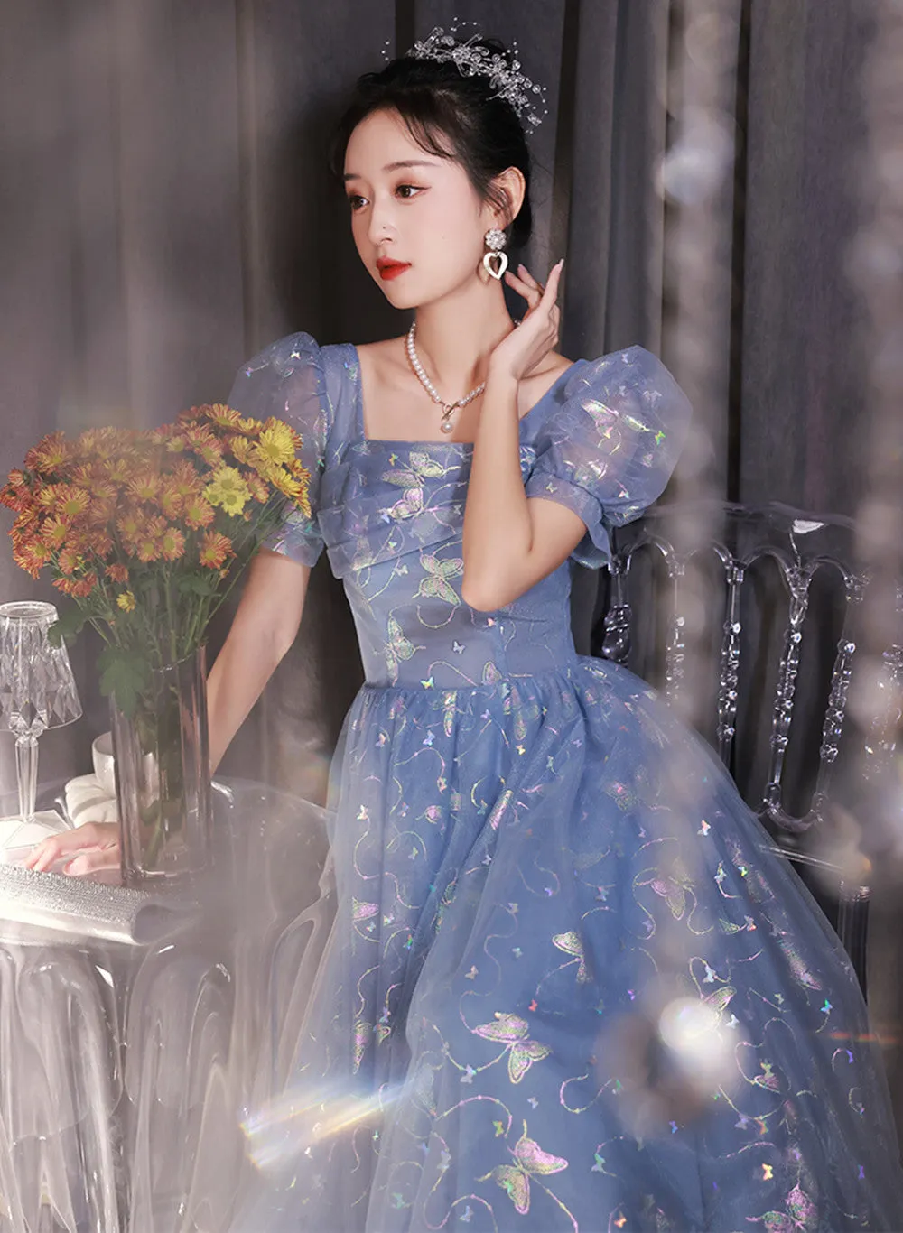 Beautiful A-line Tulle Short Sleeves Formal Dress, Lovely Tulle Long Formal Dress Prom Dress