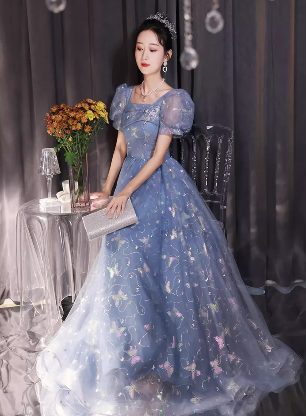Beautiful A-line Tulle Short Sleeves Formal Dress, Lovely Tulle Long Formal Dress Prom Dress