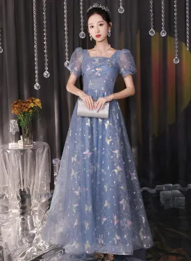 Beautiful A-line Tulle Short Sleeves Formal Dress, Lovely Tulle Long Formal Dress Prom Dress