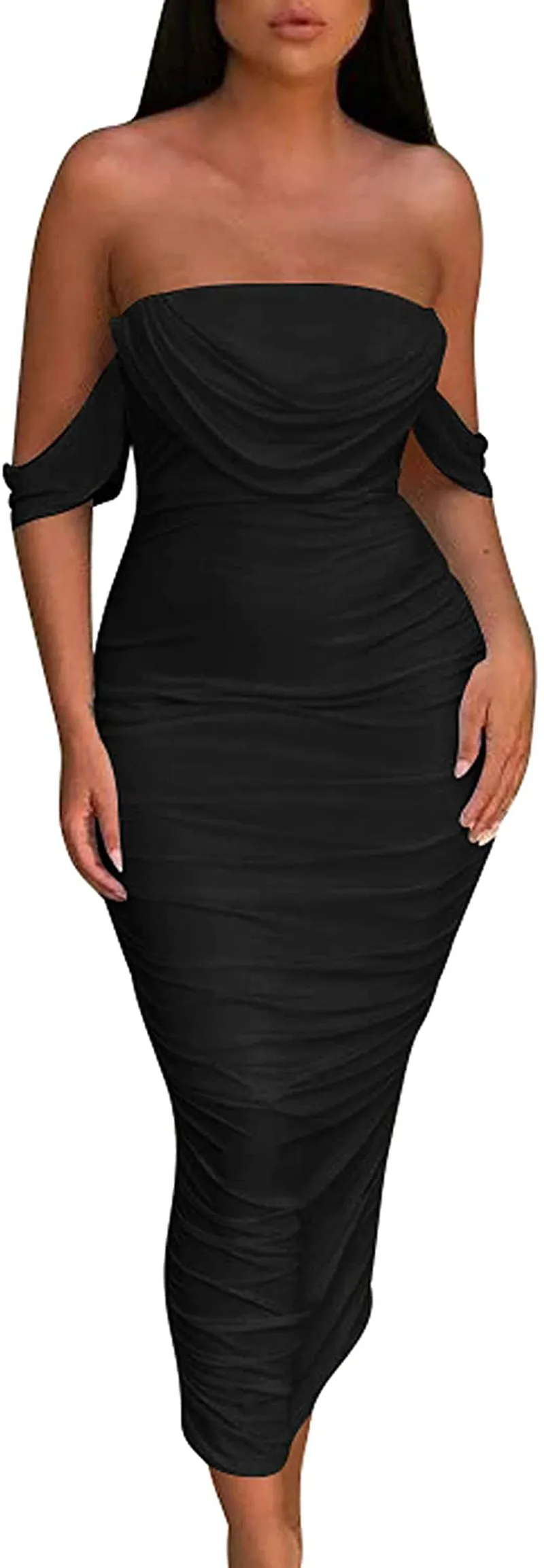 HOCILLE Women's Sexy Ruched Bodycon Strapless Off Shoulder Midi Club Party Tube Dresses