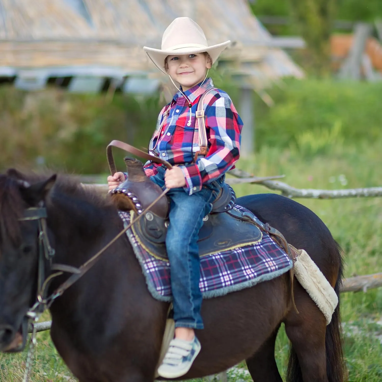 Jastore Kids Girls Boys Wide Brim Western Cowboy Cowgirl Hat with Wind Lanyard Felt Fedora Hat