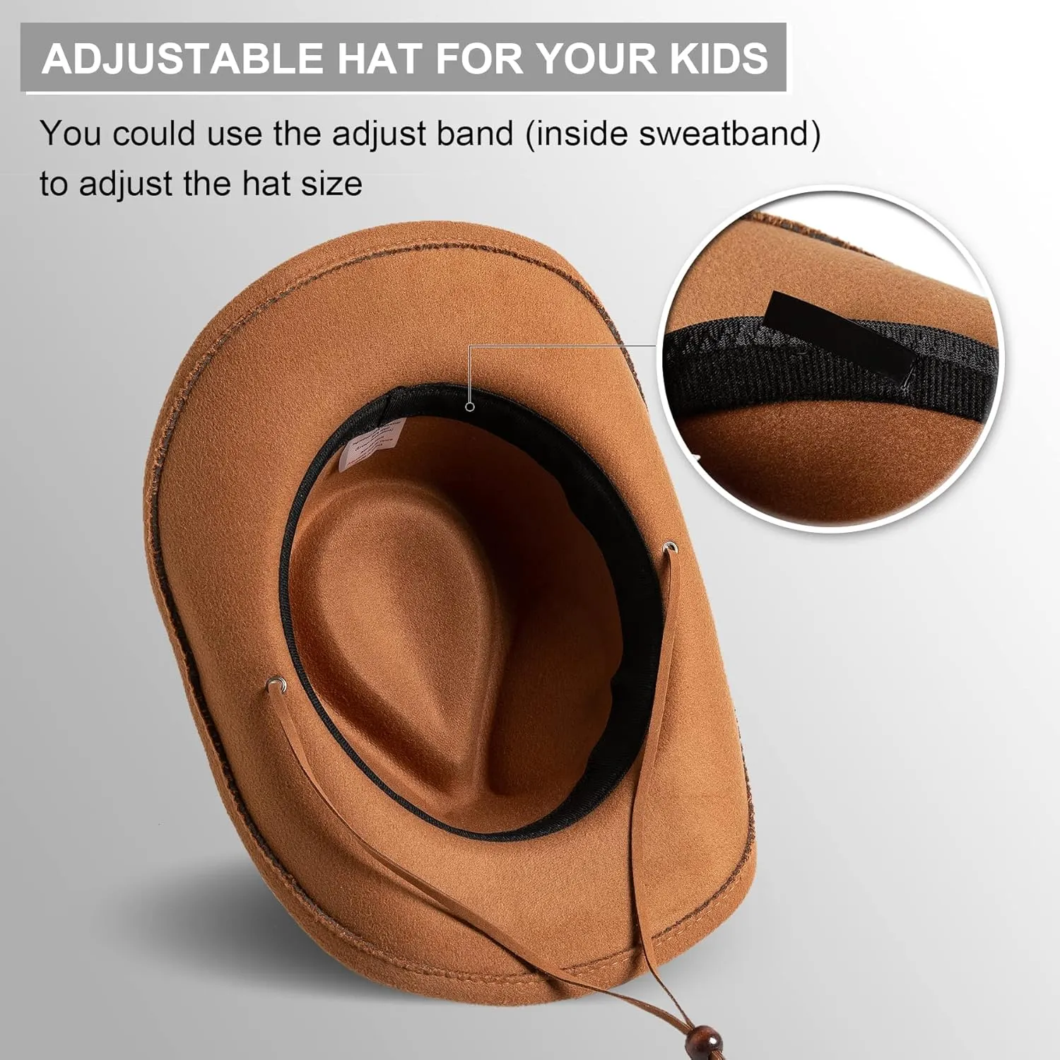 Jastore Kids Girls Boys Wide Brim Western Cowboy Cowgirl Hat with Wind Lanyard Felt Fedora Hat