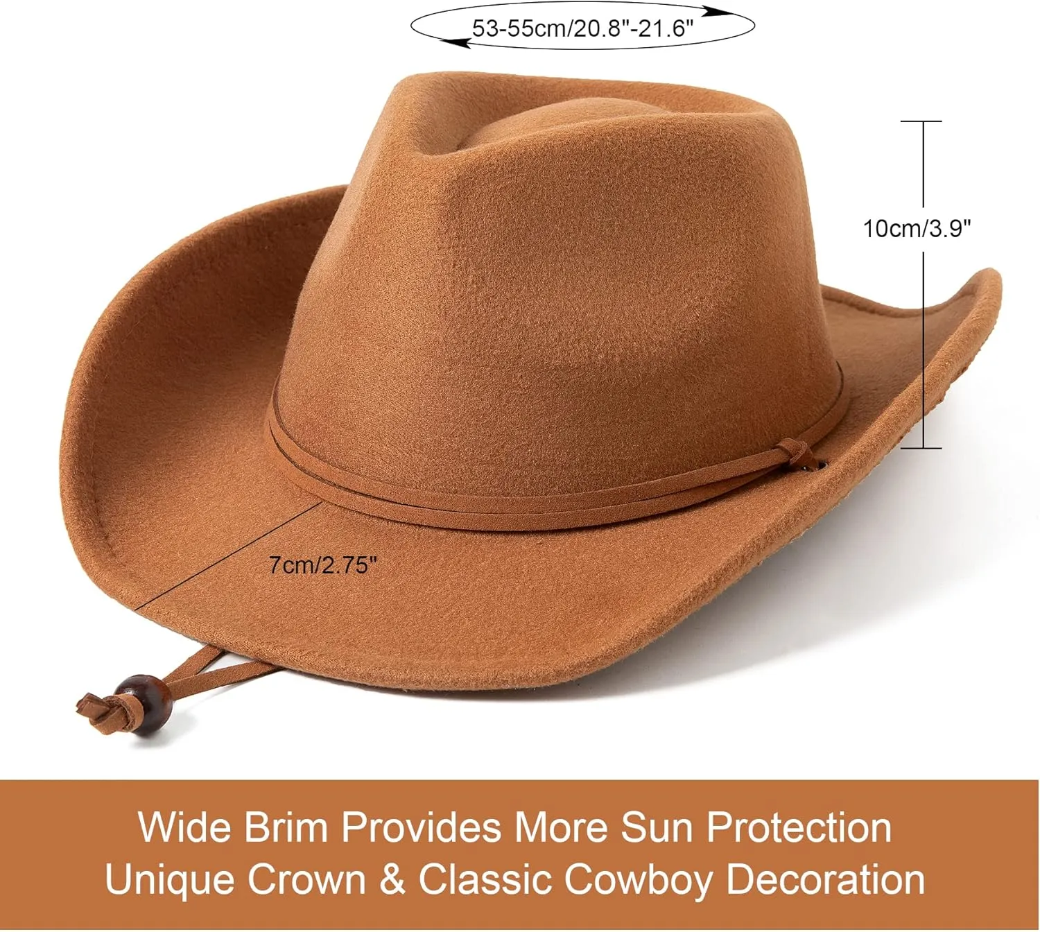 Jastore Kids Girls Boys Wide Brim Western Cowboy Cowgirl Hat with Wind Lanyard Felt Fedora Hat