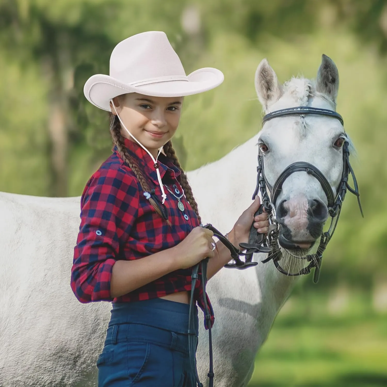 Jastore Kids Girls Boys Wide Brim Western Cowboy Cowgirl Hat with Wind Lanyard Felt Fedora Hat