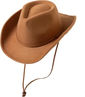 Jastore Kids Girls Boys Wide Brim Western Cowboy Cowgirl Hat with Wind Lanyard Felt Fedora Hat