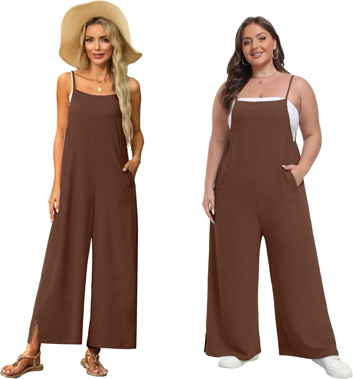 Lepunuo Womens Casual Loose Jumpsuits Summer Boho Wide Leg Rompers Sleeveless Overalls with Pockets