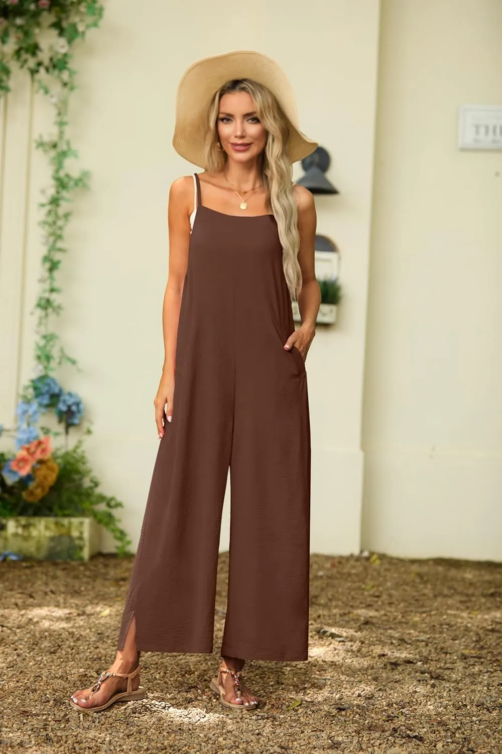Lepunuo Womens Casual Loose Jumpsuits Summer Boho Wide Leg Rompers Sleeveless Overalls with Pockets