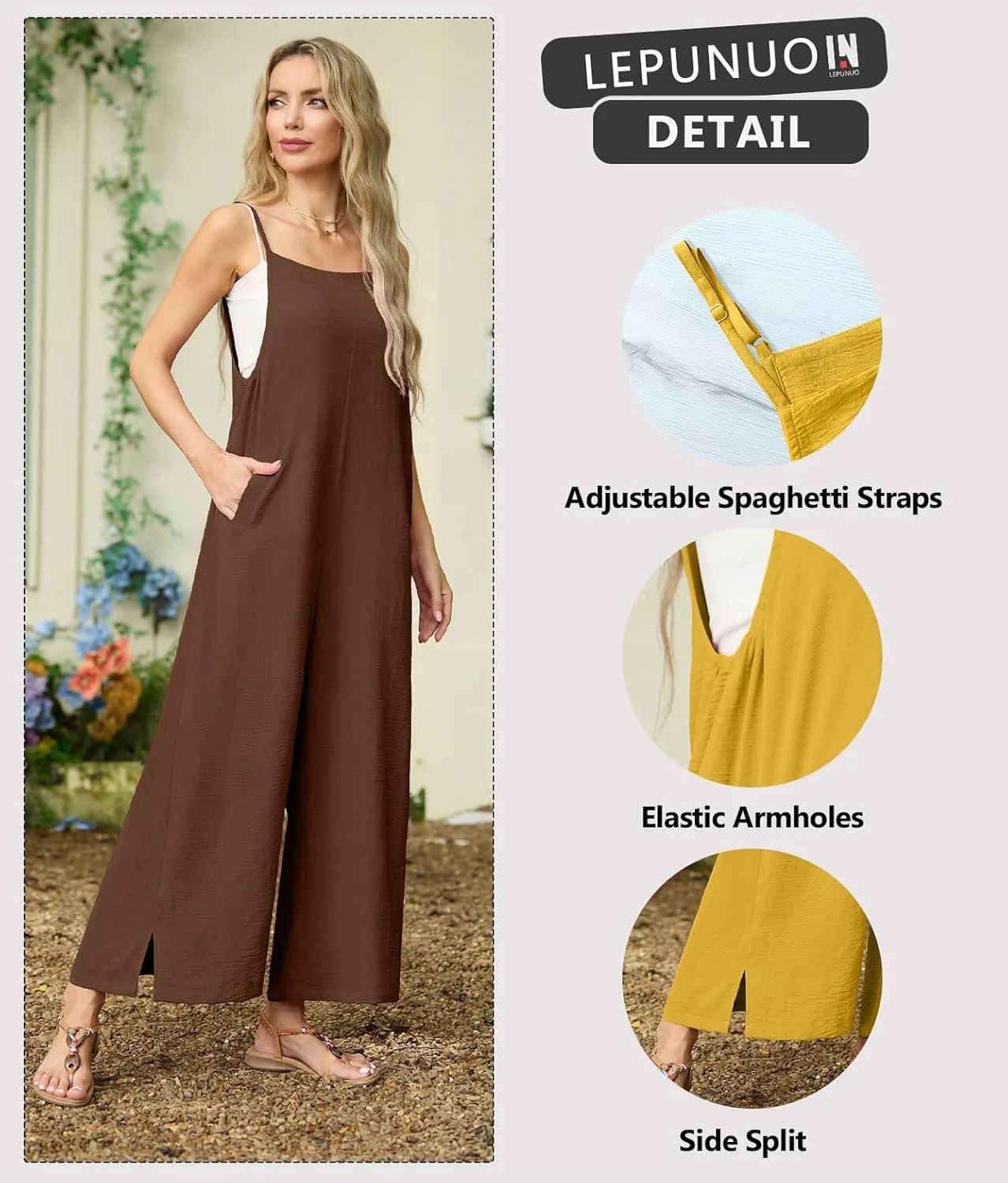 Lepunuo Womens Casual Loose Jumpsuits Summer Boho Wide Leg Rompers Sleeveless Overalls with Pockets