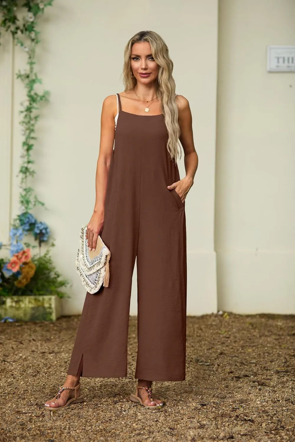 Lepunuo Womens Casual Loose Jumpsuits Summer Boho Wide Leg Rompers Sleeveless Overalls with Pockets