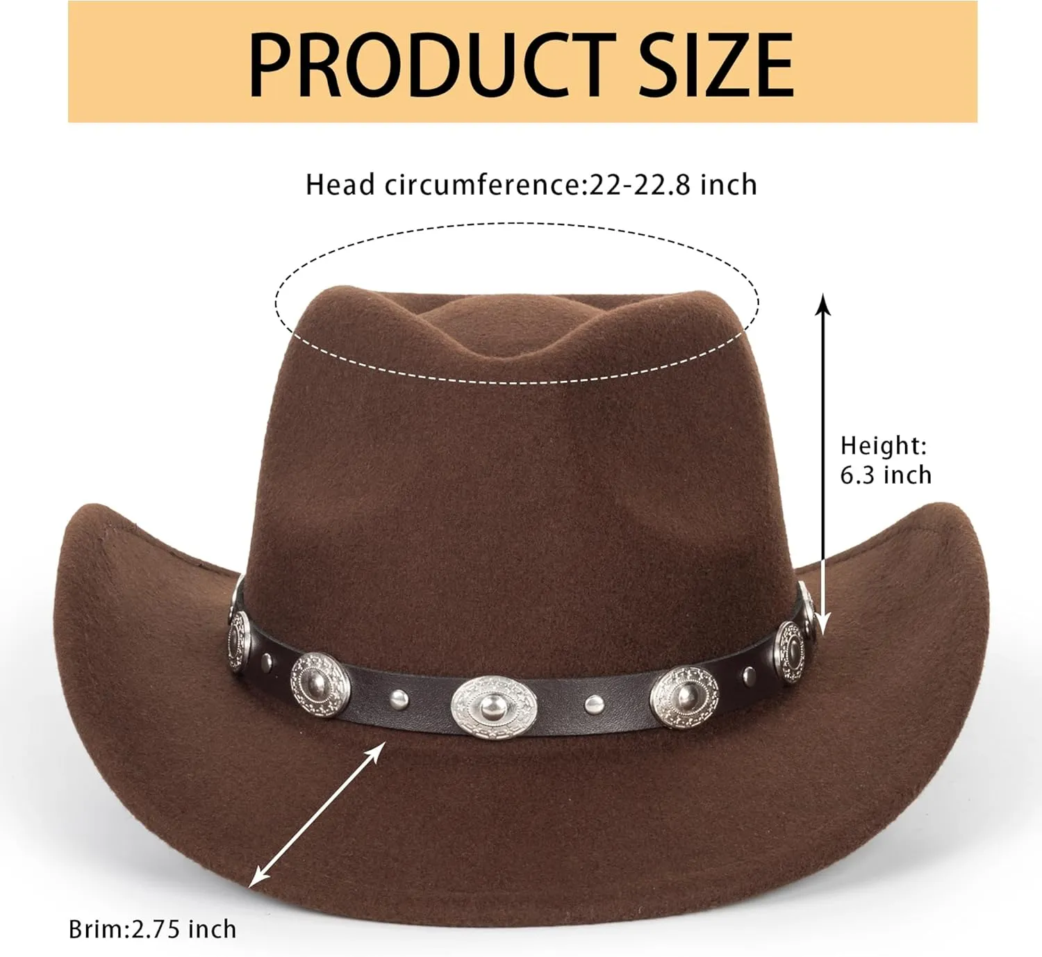 Womens Western Cowboy Hats Studded Pinched Western Cowgirl Hats Wide Brim Fedoras Hat with Belt Buckle (Size:Medium)